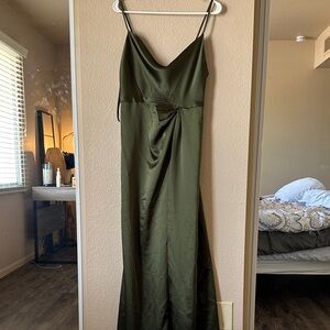 COWL-NECK DRAPED WRAP MAXI DRESS WITH FRONT SLIT IN OLIVE GREEN